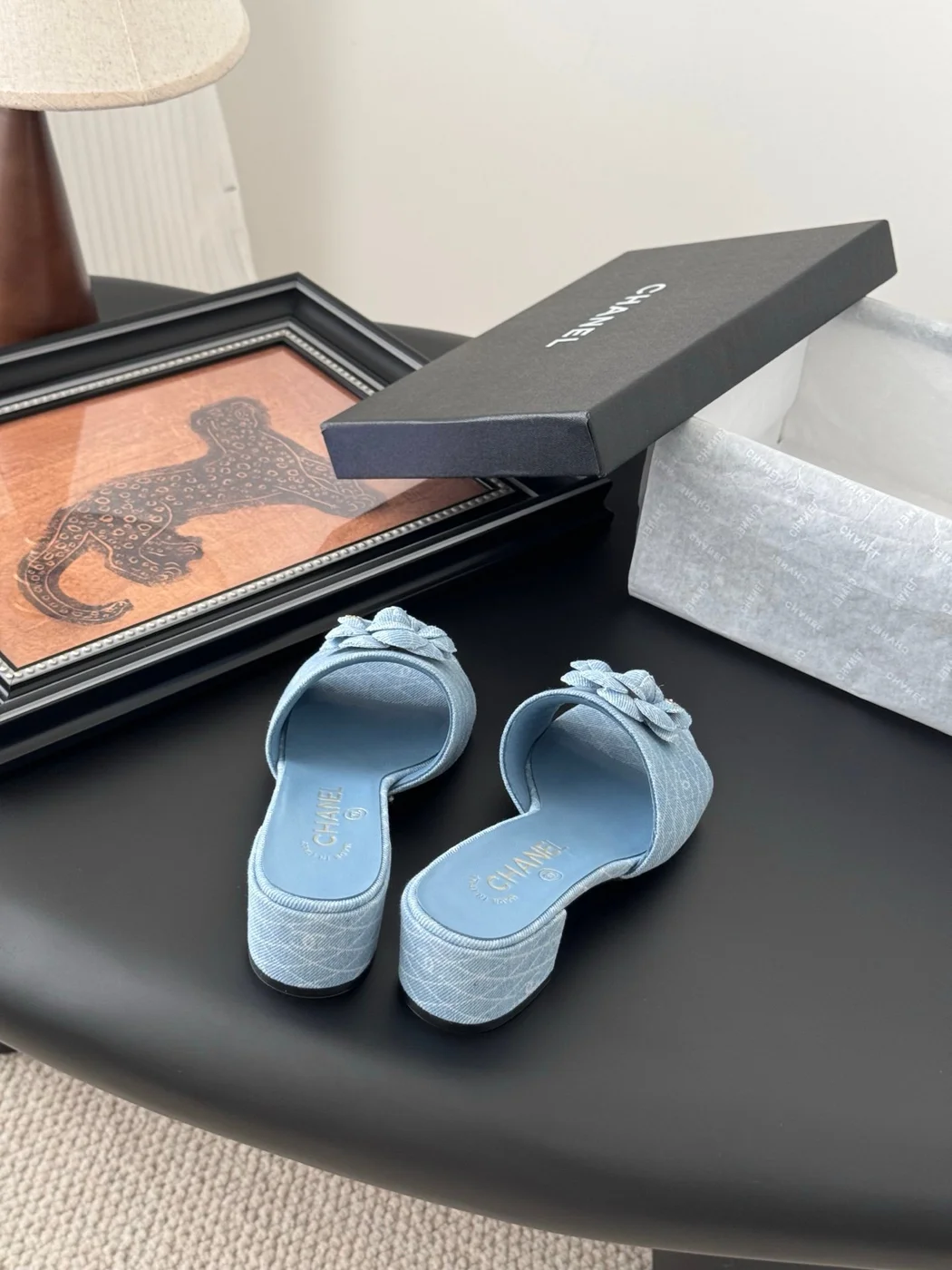 Chanel Women Light Blue Fabric Floral Slide Sandals product view 6
