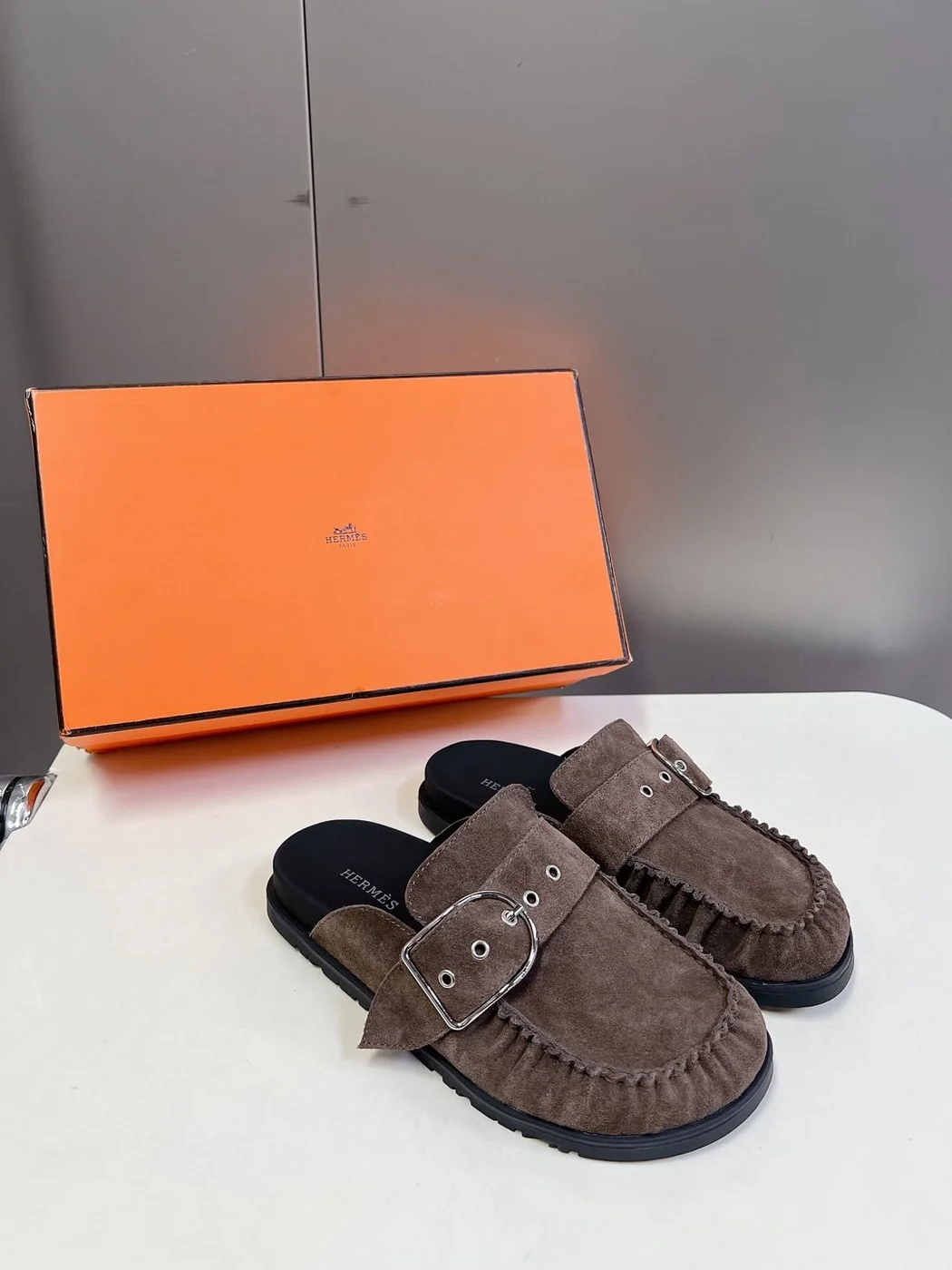 Hermès Women Brown Suede Buckle Mules product view 5