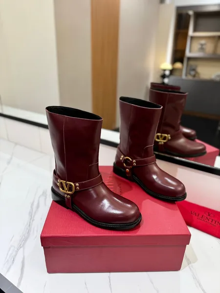 Valentino Women Burgundy Leather Mid-Calf Boots product view 1