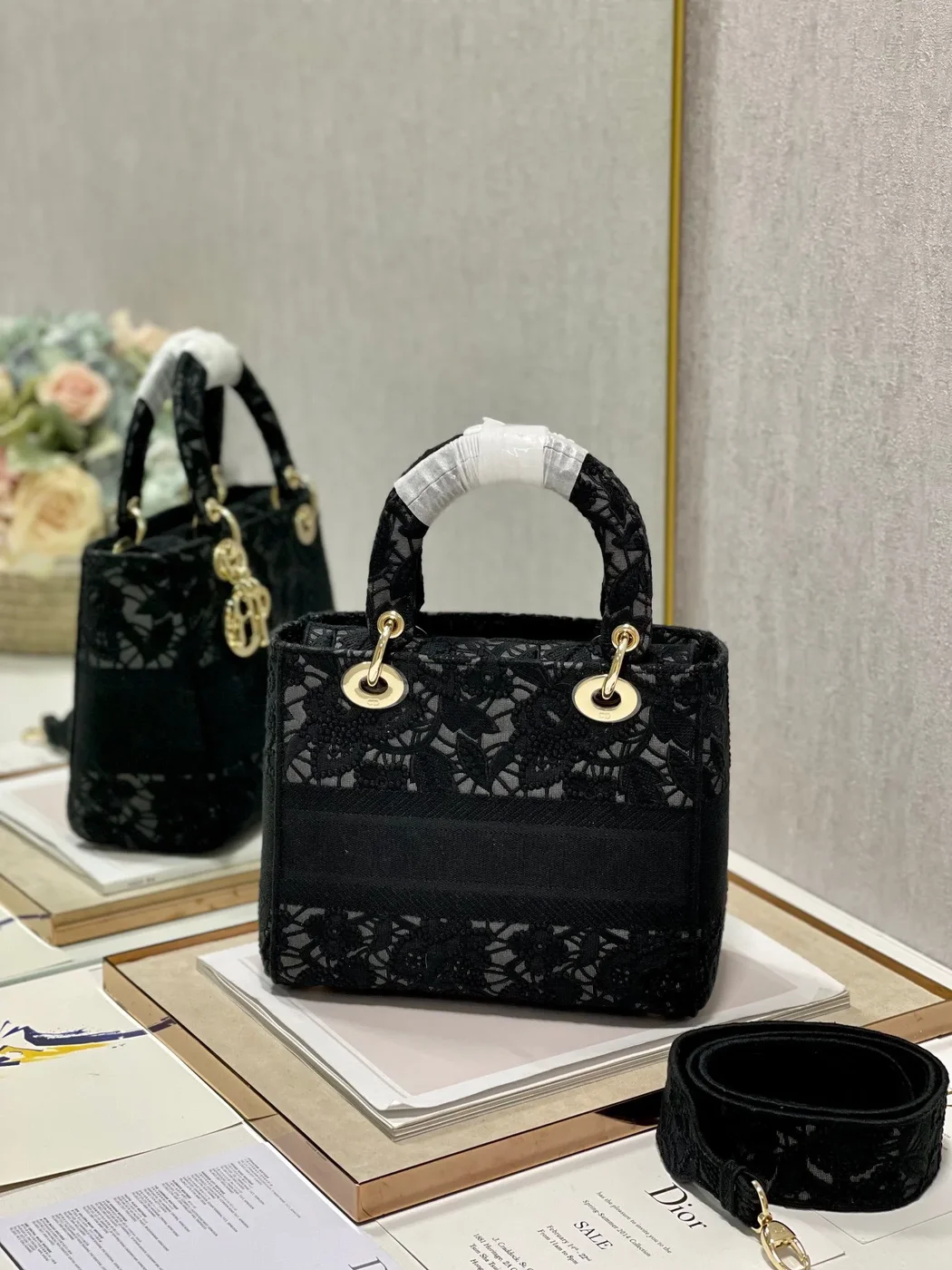 Dior Medium Lady D-Lite bag in black lace embroidery product view 8