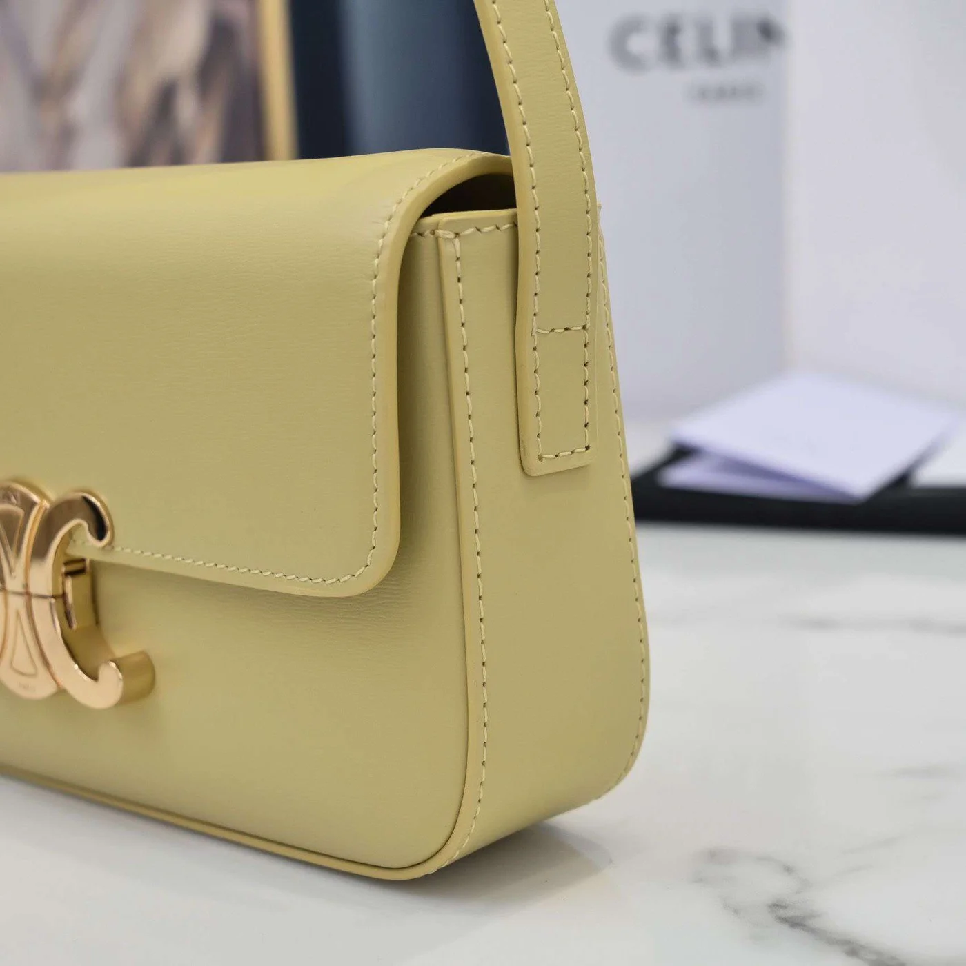 Celine Triomphe Handbag Bright Yellow Smooth Leather 20x12cm product view 4