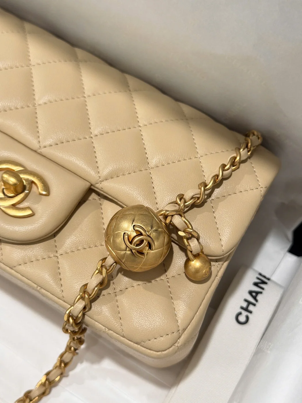 Chanel Classic Bell Bag Handbags Beige Leather Lock Gold 20 cm product view 6