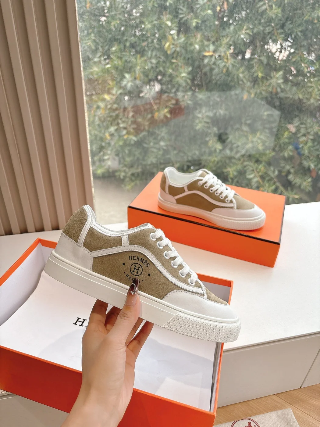 Hermès Women Beige Suede White Leather Sneakers product view 4