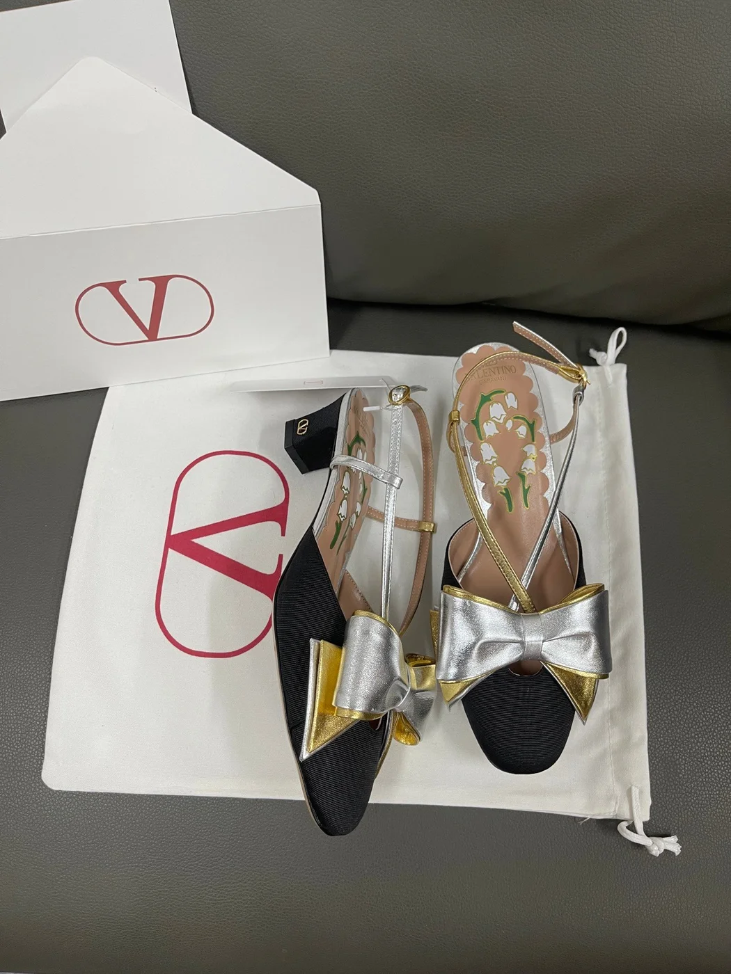 Valentino Women Black Satin Silver Gold Leather Heels product view 4