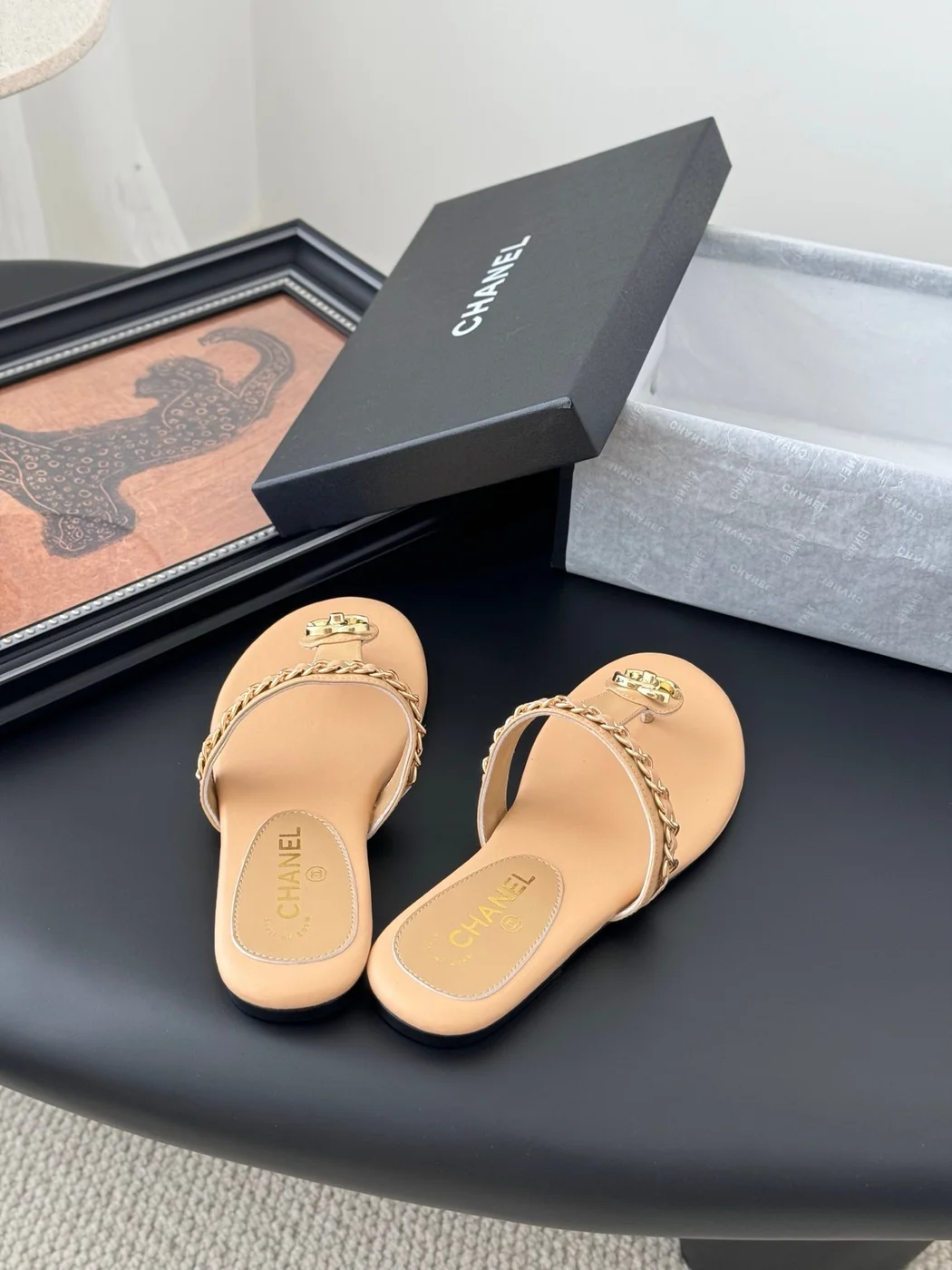 Chanel Women Beige Leather Slides product view 2