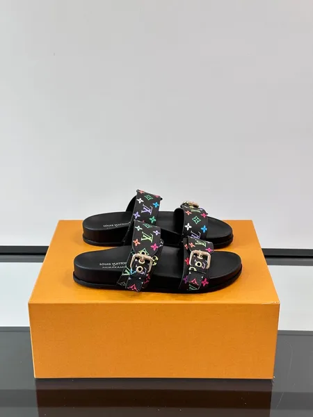 Louis Vuitton Men Black Leather Multicolor Monogram Slides product view 1
