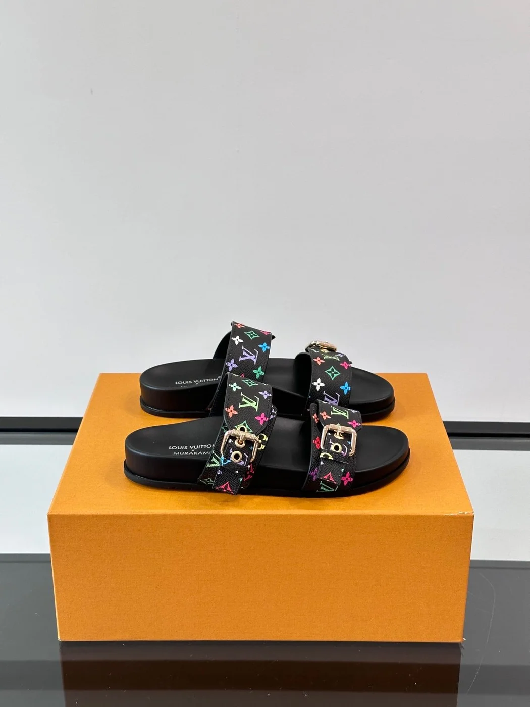 Louis Vuitton Men Black Leather Multicolor Monogram Slides product view 1