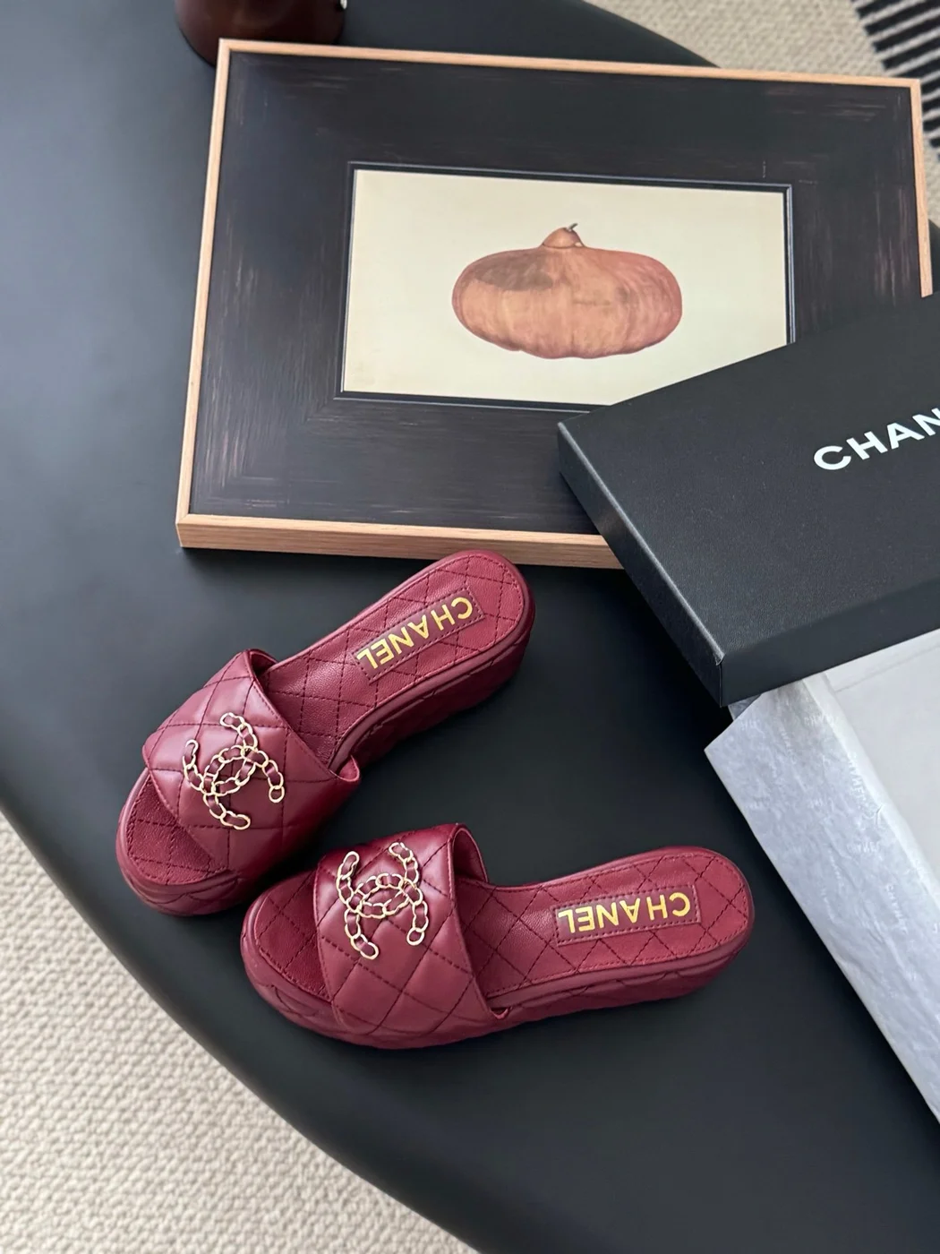 Chanel Women Burgundy Quilted Leather Slides product view 5