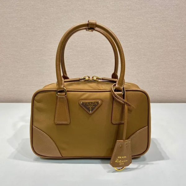 Prada Small Top Handle Bag 25 In Golden Brown Nylon And Calfskin Trim product view 1