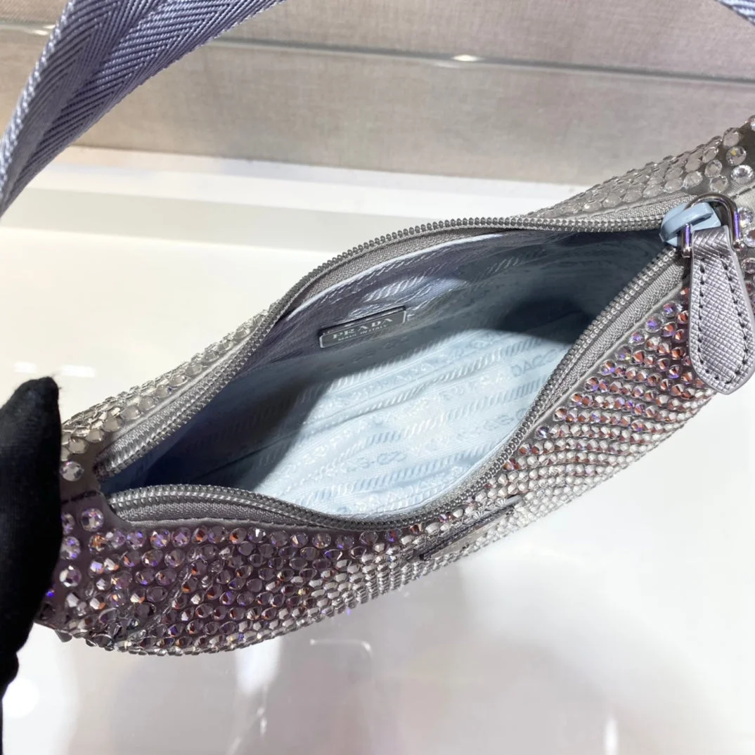 Prada Sparkling Hobo Bag 23 In Silver Nylon Attached Fully Crystals product view 4