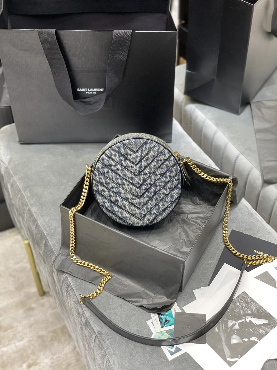 Saint Laurent Women Vinyle Round Camera Bag in Chevron-Quilted Denim and Suede product view 2