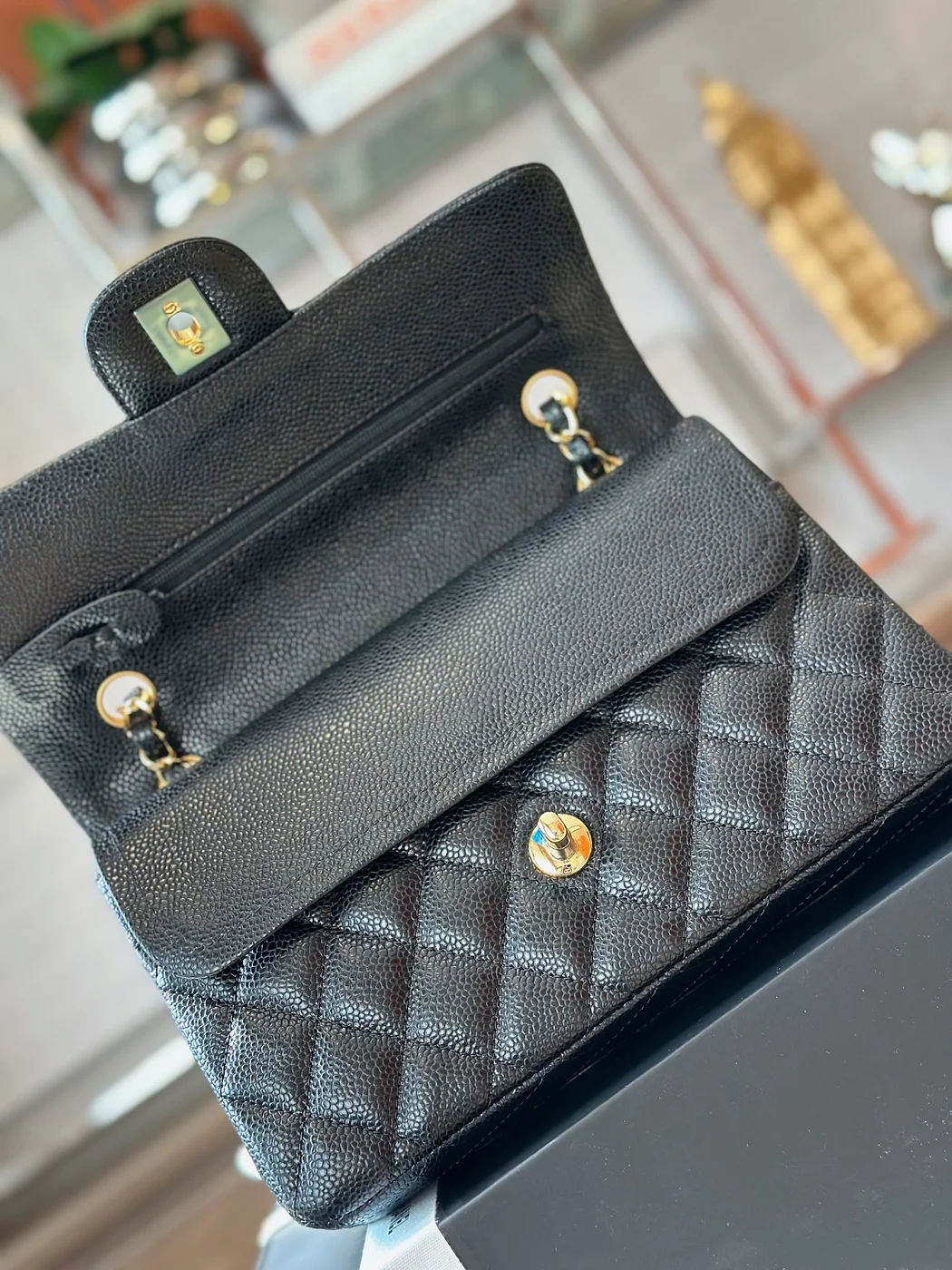 Chanel Classic Handbags With Lock Gold Black Leather 23 cm product view 5