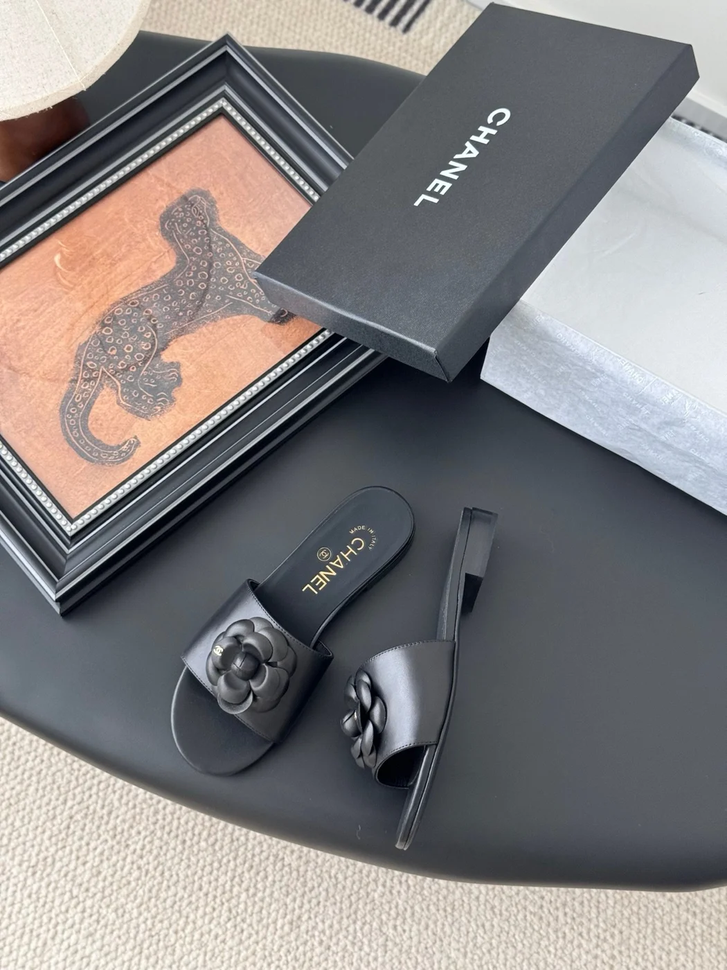 Chanel Women Black Leather Flower Detail Slides product view 3