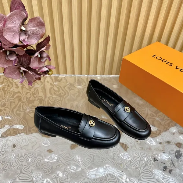 Louis Vuitton Women Black Leather Loafers — Metal Logo Detail product view 2