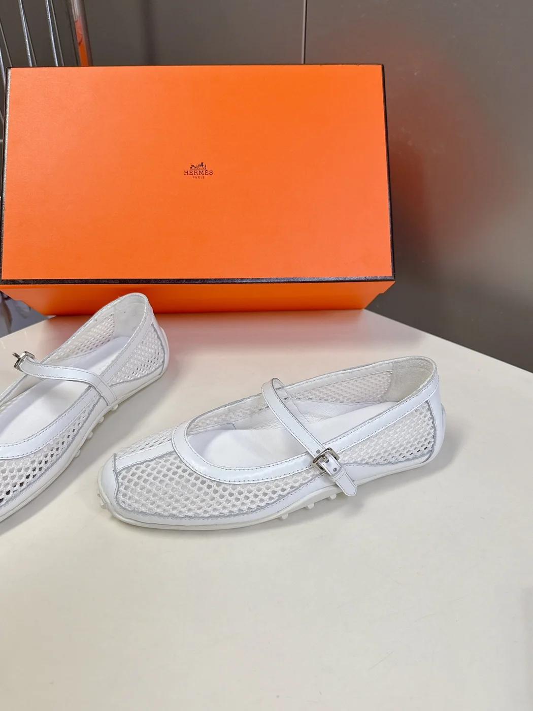 Hermès Women White Mesh Leather Mary Jane Flats product view 4