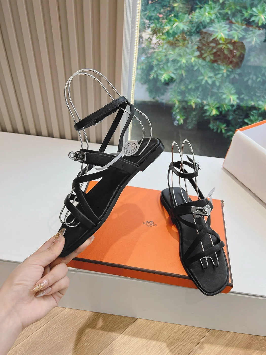 Hermès Women Black Leather Strappy Sandals product view 5