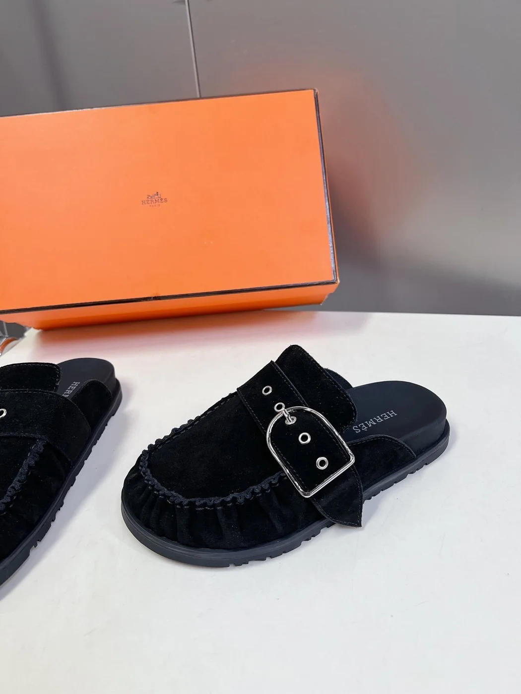 Hermès Women Black Suede Buckle Mules product view 4