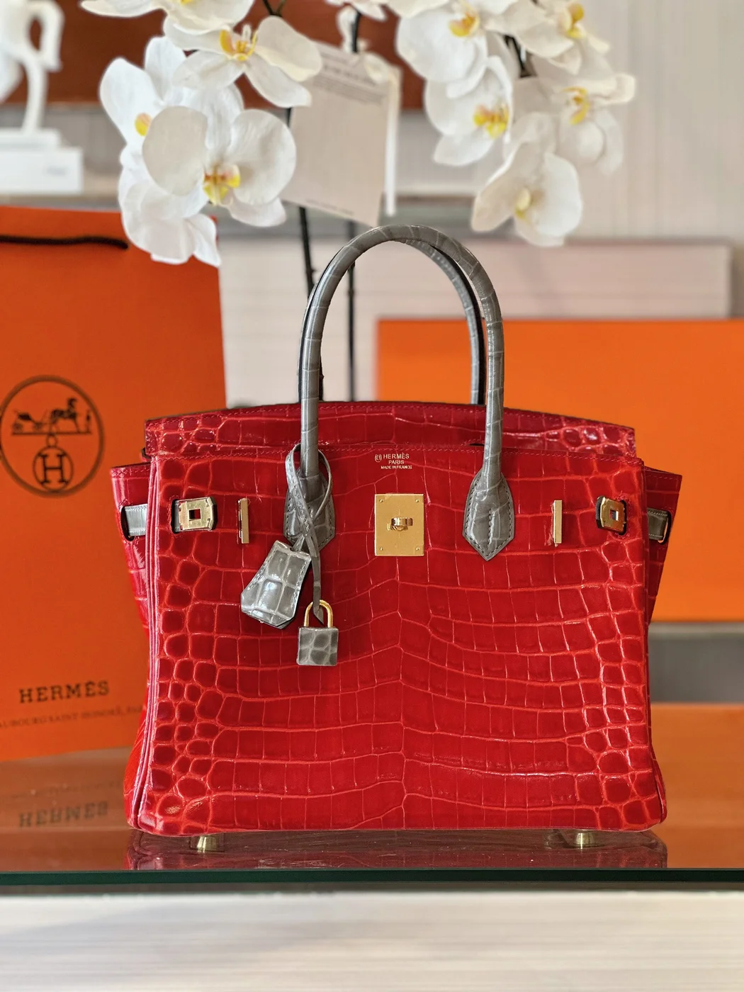 Hermès Birkin 30 Red/Liam Blue Crocodile Leather Gold Hardware. – Custom Made Bag product view 2