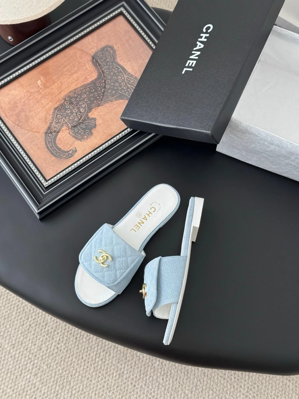 Chanel Women Light Blue Quilted Fabric Slides product view 3