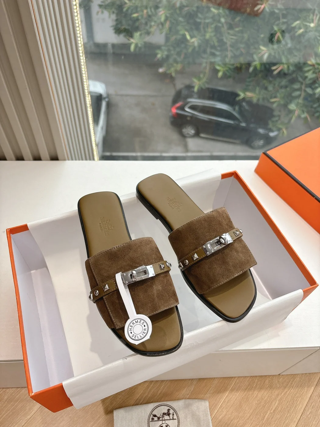 Hermès Women Brown Suede Slide Sandals product view 3