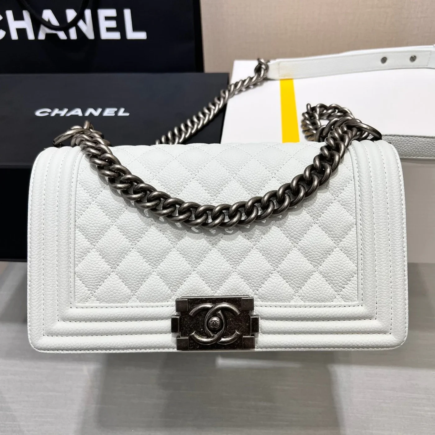 Chanel Boy Bag Medium 25 White Caviar Ruthenium Hardware product view 9