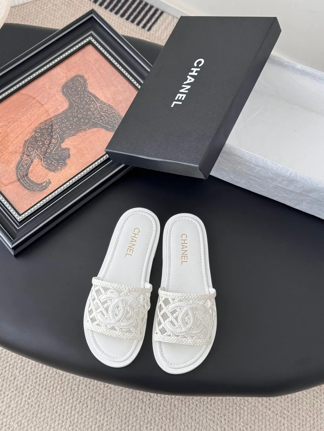Chanel Women White Woven Leather Slides product view 1