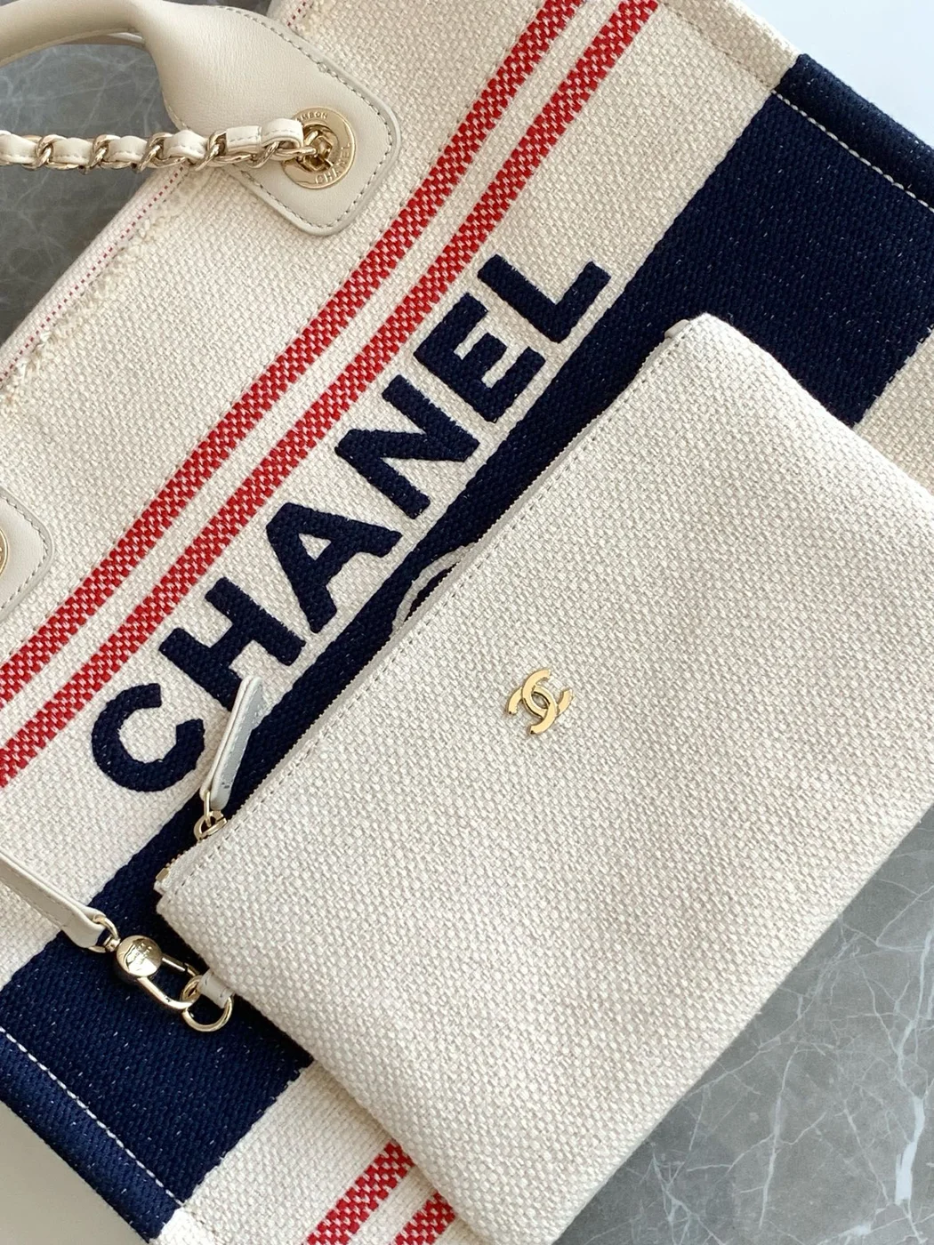 Chanel Shopping Bag 34 In White Red And Navy Blue Canvas product view 4