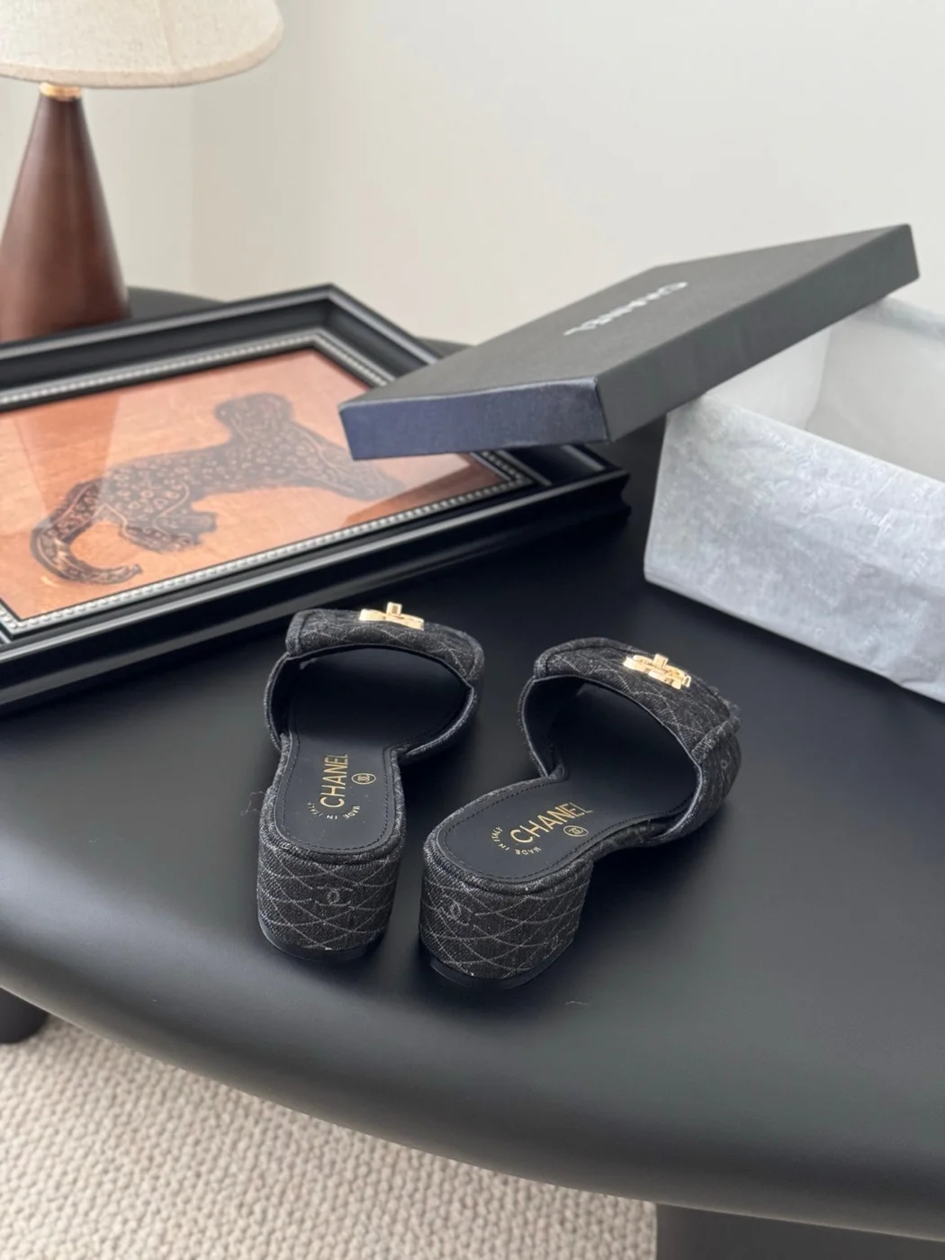 Chanel Women Black Quilted Fabric Slides product view 3