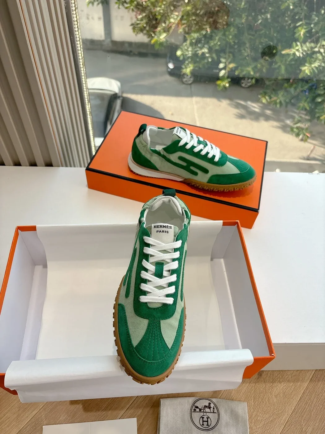 Hermès Women Green Suede Canvas Sneakers product view 4