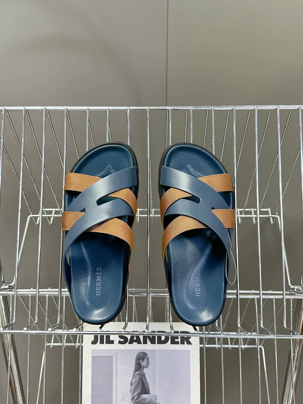 Hermès Women Navy Blue Leather And Brown Sandals product view 2
