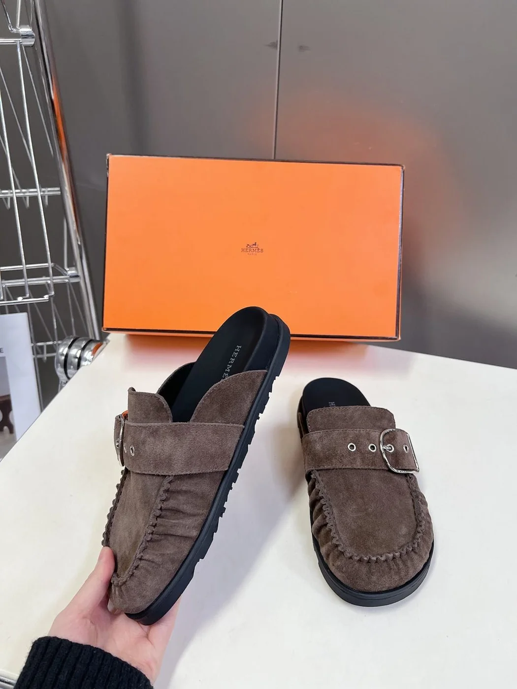 Hermès Women Brown Suede Buckle Mules product view 3