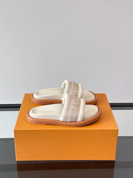 Louis Vuitton Men Beige Fabric Slides With Brown Sole product view 1