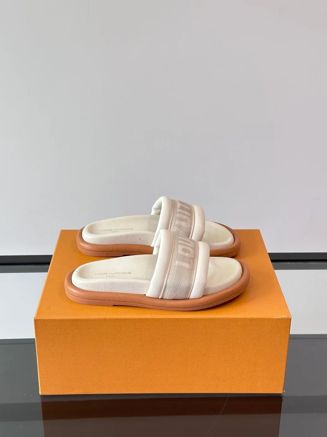 Louis Vuitton Men Beige Fabric Slides With Brown Sole product view 1
