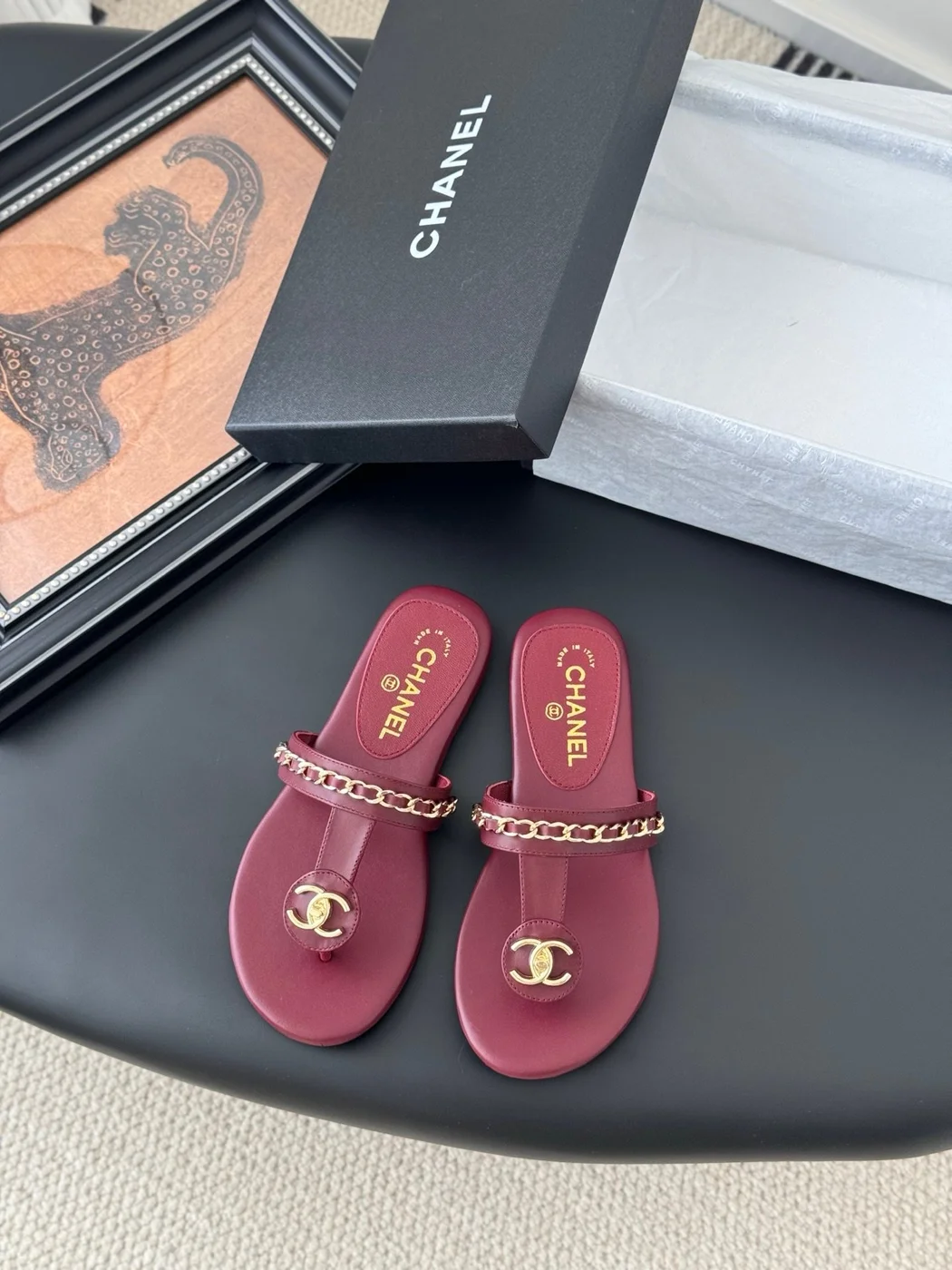 Chanel Women Burgundy Leather Chain Detail Slides product view 1