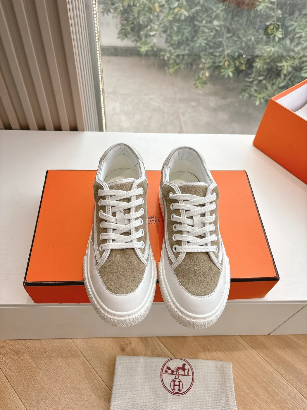 Hermès Women Beige Suede White Leather Sneakers product view 5
