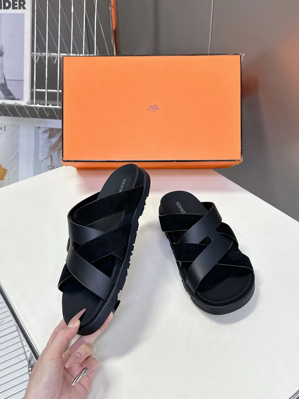 Hermès Women Black Leather Suede Sandals product view 5