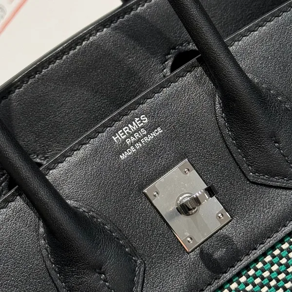 Hermès Birkin 25 cm In Black Swift Black/Mint/Blanc Toile Canvas (Custom-Made) Bag product view 5
