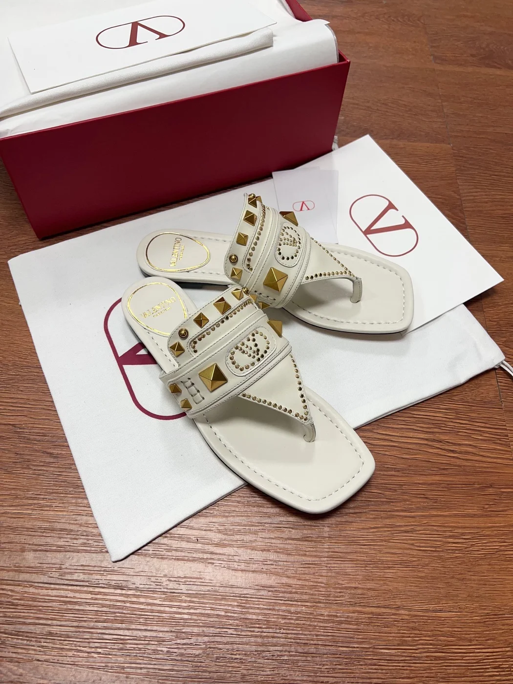 Valentino Women White Leather Studded Sandals product view 3