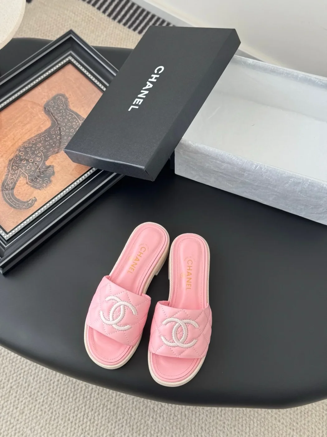 Chanel Women Pink Quilted Leather Slides product view 1