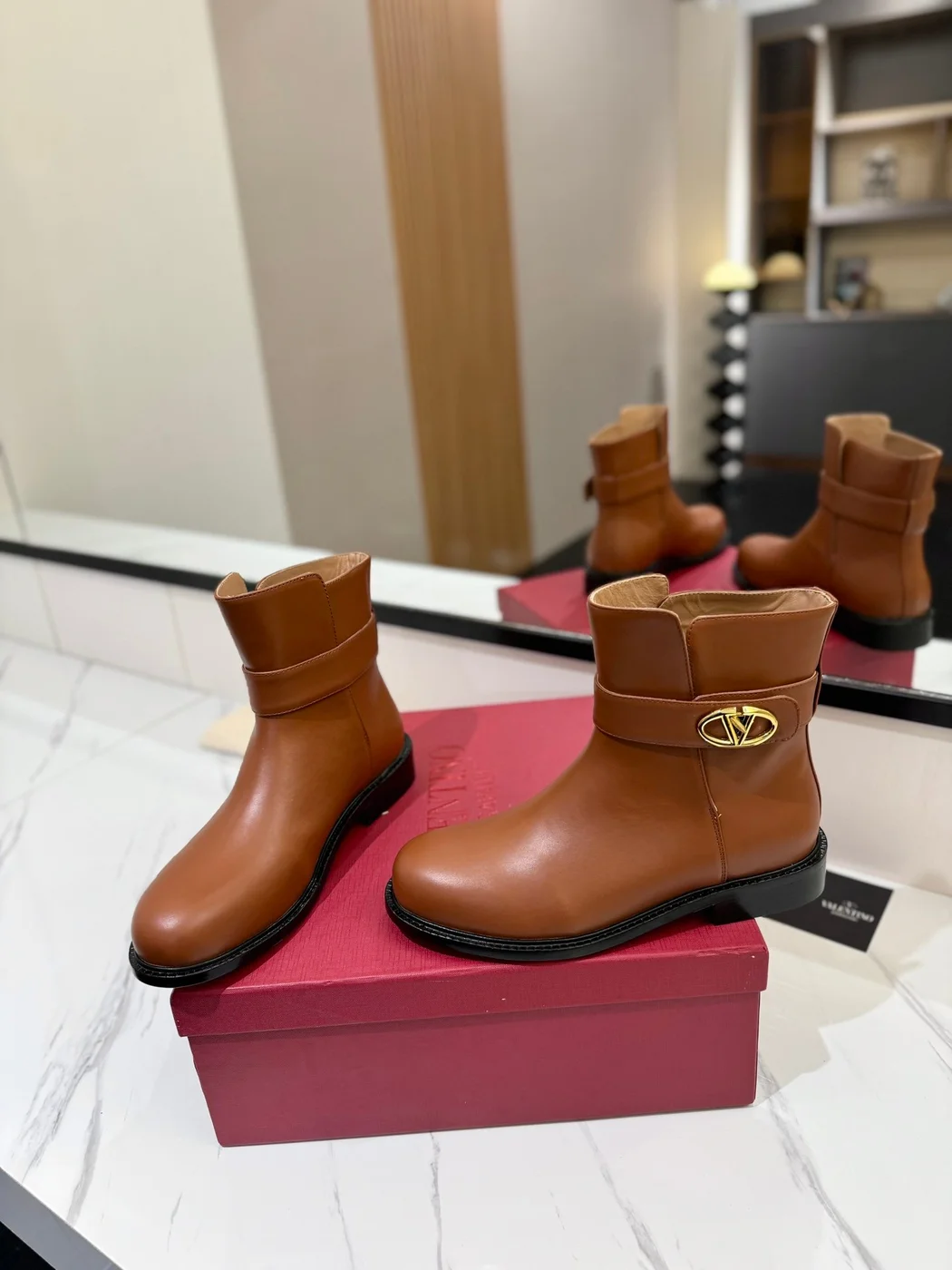 Valentino Women Brown Leather Ankle Boots product view 2