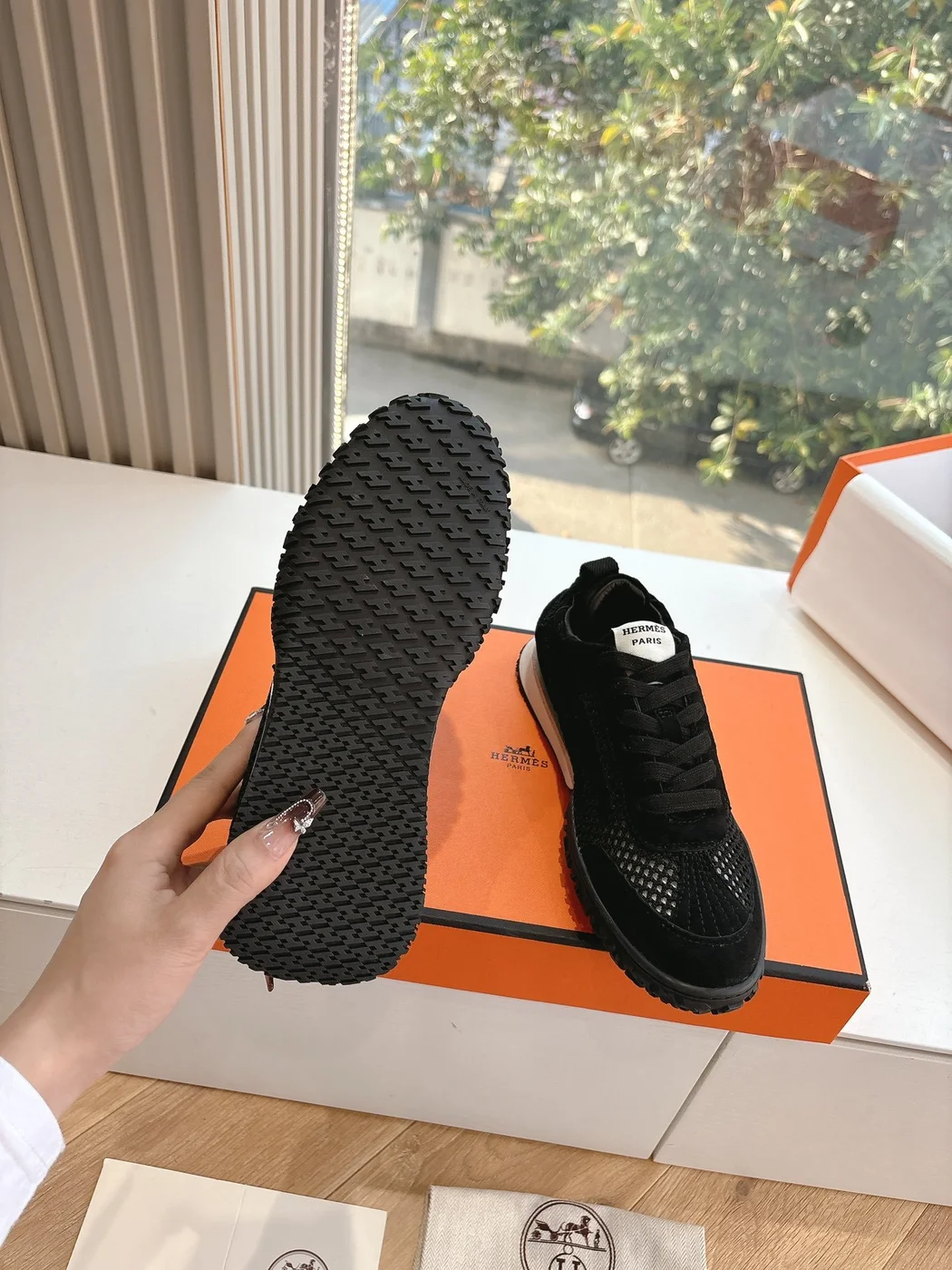 Hermès Women Black Suede Mesh Sneakers product view 2