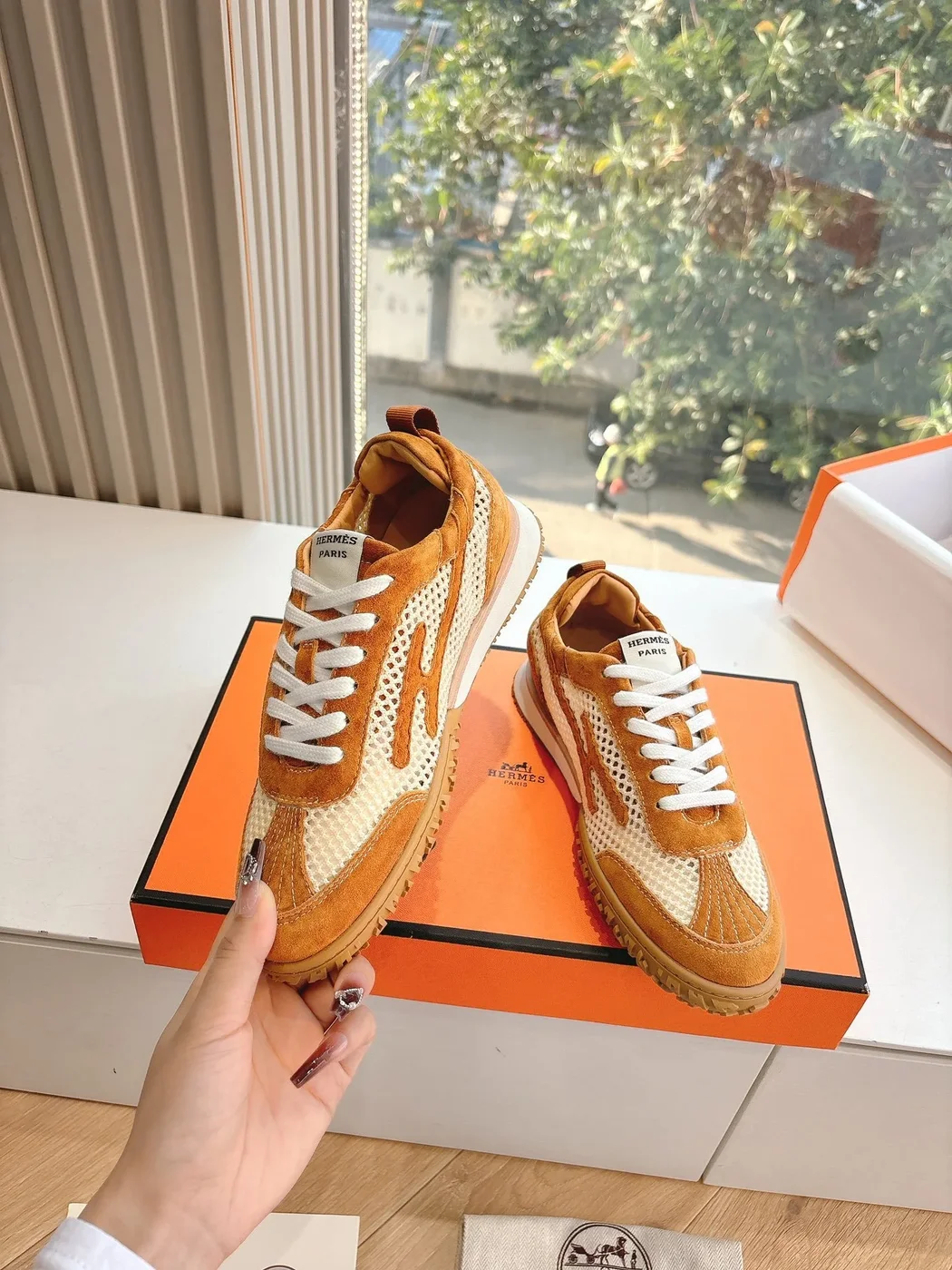Hermès Women Brown Mesh Suede Sneakers product view 6