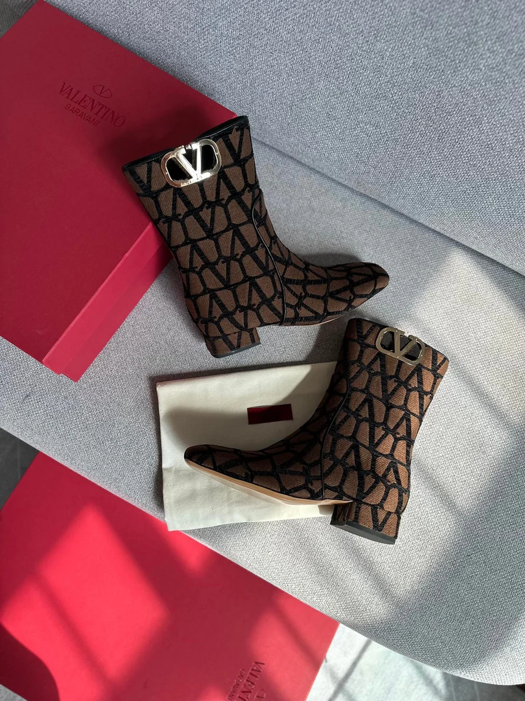 Valentino Women Brown Fabric Logo Pattern Boots product view 4