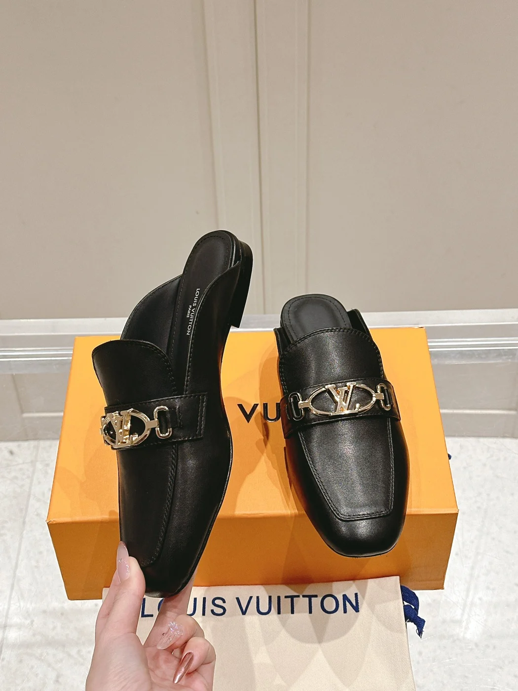 Louis Vuitton Women Black Leather Slip-On Mules product view 4