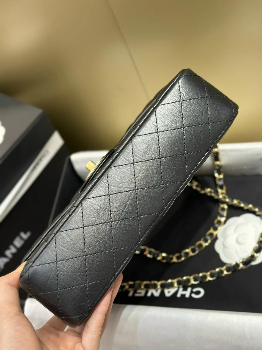 Chanel Classic Lock Gold With Black Wrinkled Skin Handbags 25 cm product view 3