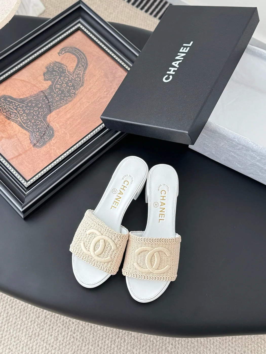Chanel Women Beige Woven Fabric Slides product view 1