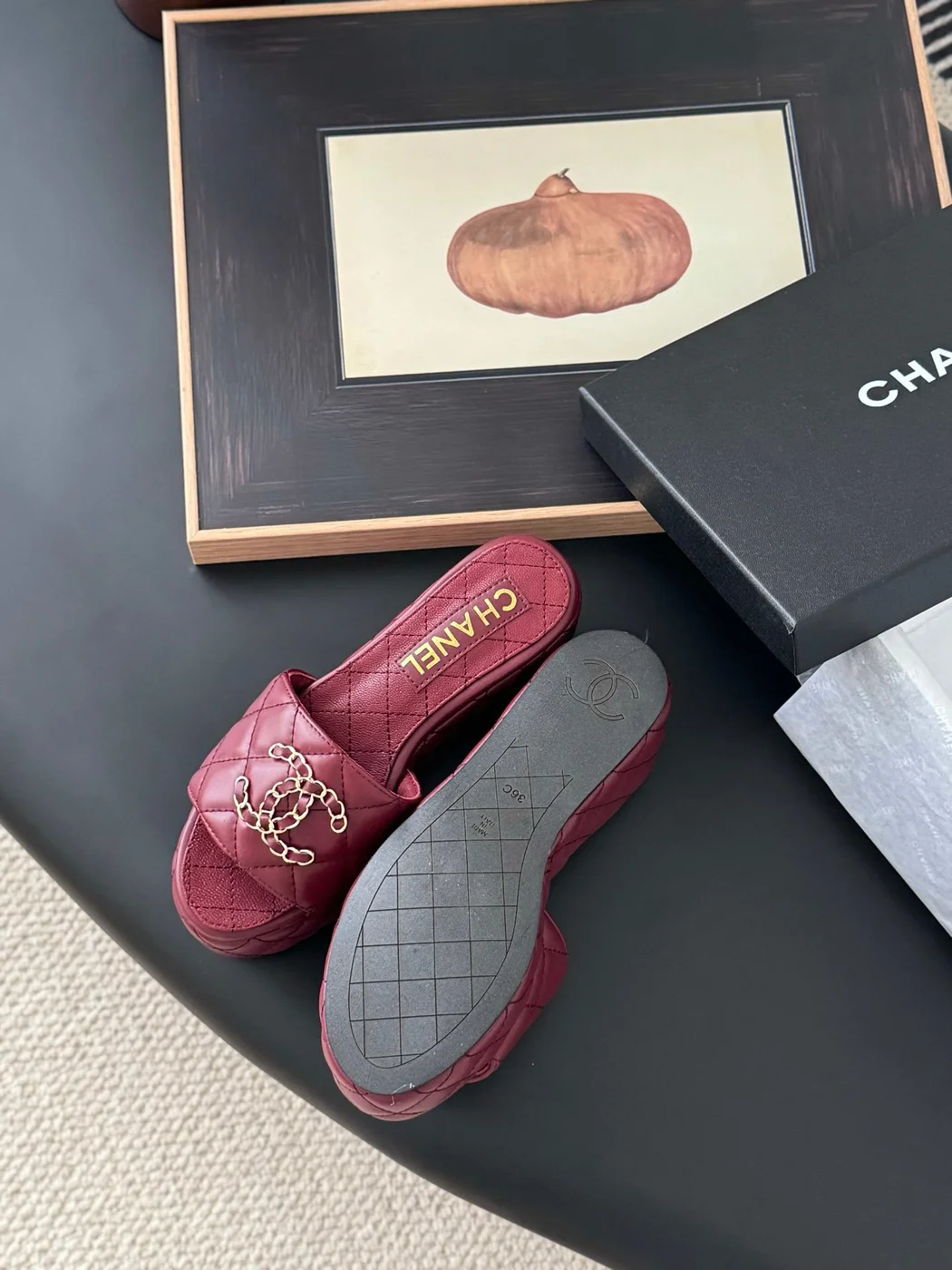 Chanel Women Burgundy Quilted Leather Slides product view 4