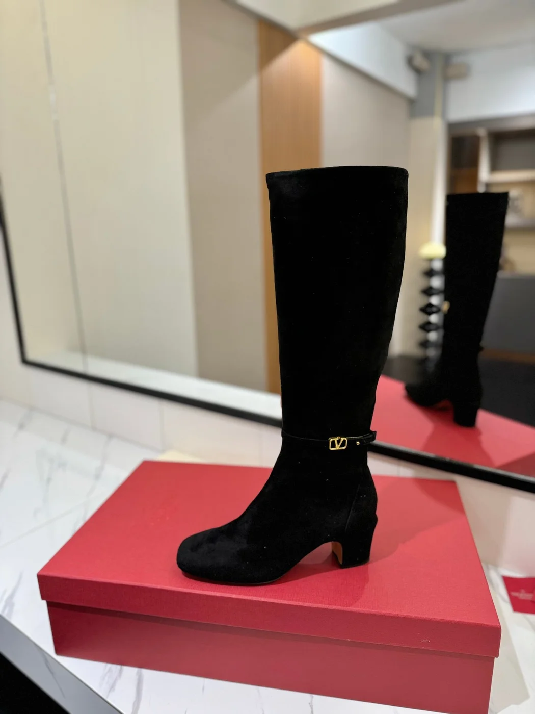 Valentino Women Black Suede Mid Heel Boots product view 5