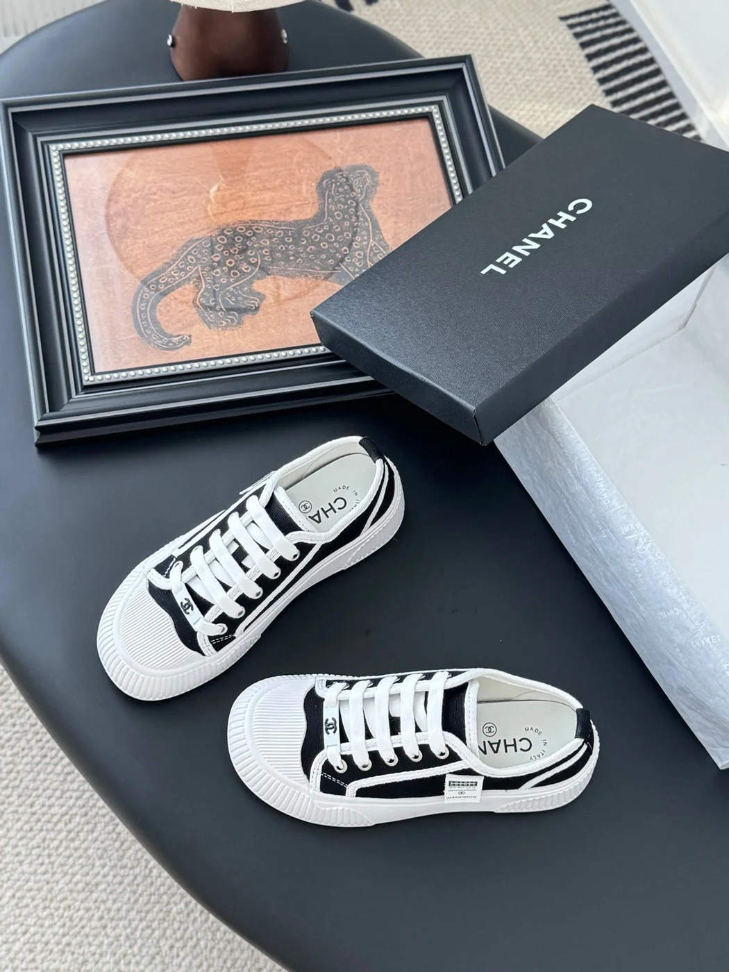 Chanel Women Black Canvas White Trim Sneakers product view 6