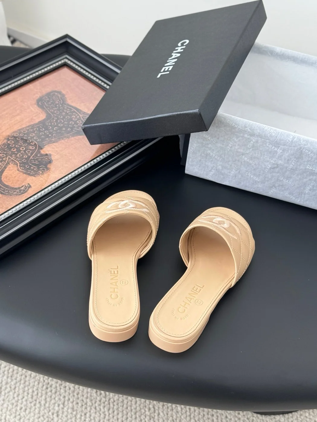 Chanel Women Beige Quilted Leather Slides product view 5